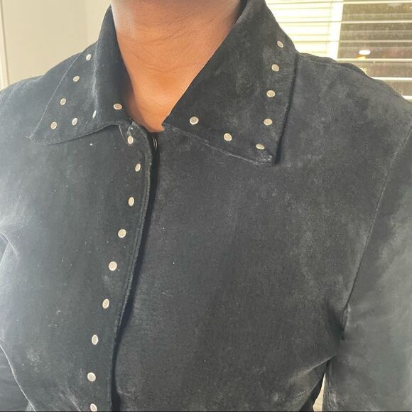 Express Vintage Suede Leather Studded Belted Trench Coat Jacket - Picture 4 of 9